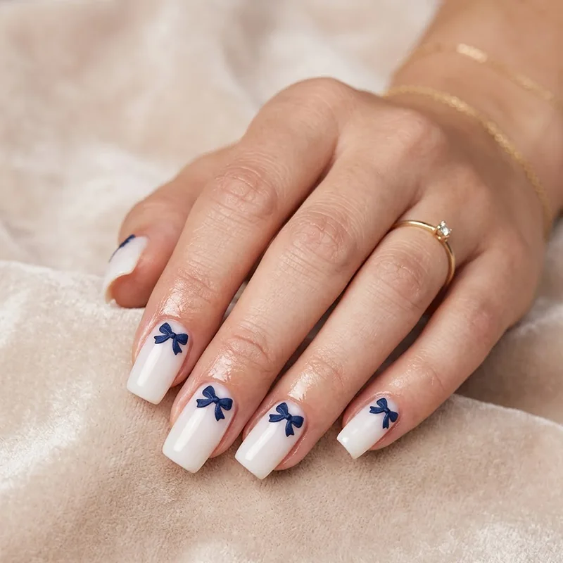 A detailed beauty photograph of medium squoval nails featuring a milky white base and tiny navy blue bow decals near the cuticles, showcasing a feminine preppy summer nails trend.