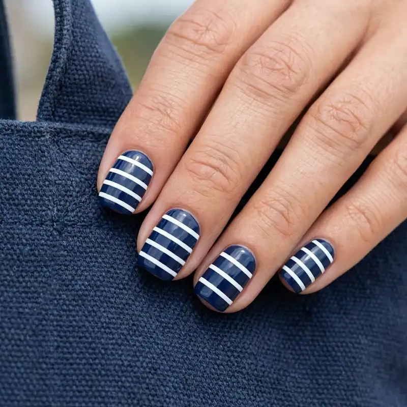 A professional macro shot of short, neat square nails featuring crisp white polo stripes on a classic navy blue background with a very glossy top coat.