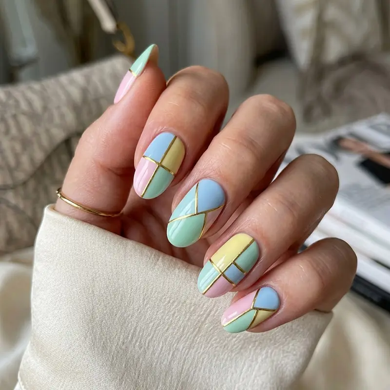 Close-up photograph of oval nails featuring a trendy color-blocked design in pastel pink, baby blue, mint green, and pale yellow, separated by thin gold micro-lines.