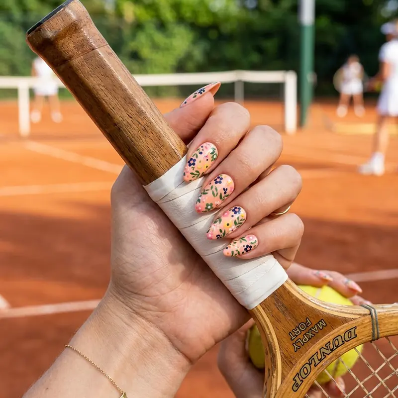 High-quality photo of almond-shaped nails with a peach base and navy, green, and yellow ditsy floral patterns holding a wooden tennis racquet.
