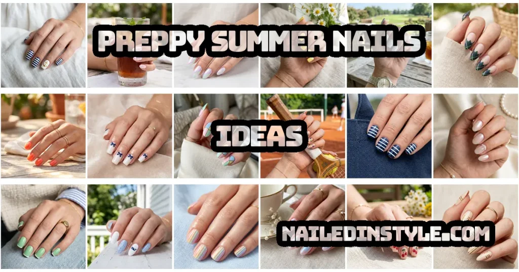 Preppy Summer Nails 2026: Polished & Trendy Looks 1 A collage of 18 different preppy summer nails featuring nautical stripes, pastel gingham, delicate florals, and classic pearl finishes, with text overlay reading Preppy Summer Nails, Ideas, and NailedInStyle.com.