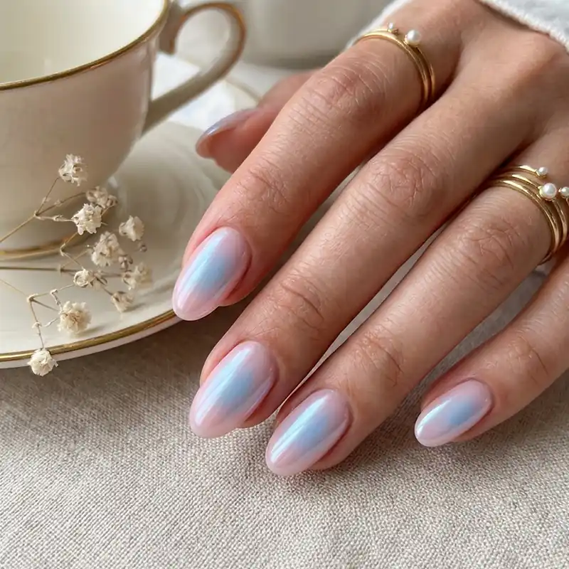 A detailed close-up photograph of a woman's hand showcasing almond-shaped preppy summer nails with an iridescent pearlescent pink and light blue aura design. The hand, adorned with two dainty pearl rings, rests near a vintage-style gold-rimmed teacup and dried baby's breath flowers.