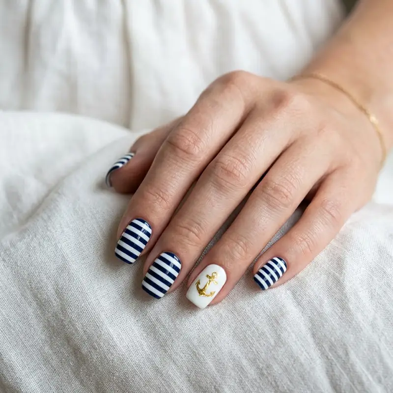 Professional photo of squoval nails with navy and white nautical stripes and a gold foil anchor accent nail resting on white linen.