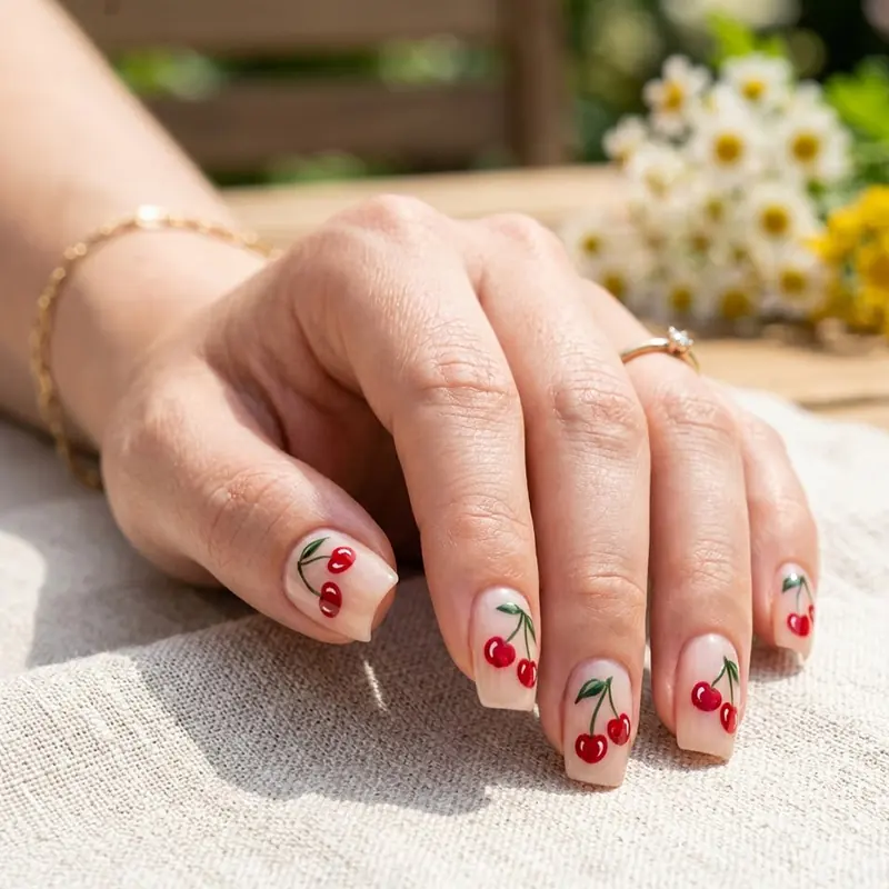Professional close-up of a woman's hand resting on textured linen outdoors, featuring squoval preppy summer nails with a sheer nude base and delicate hand-painted red cherry clusters.