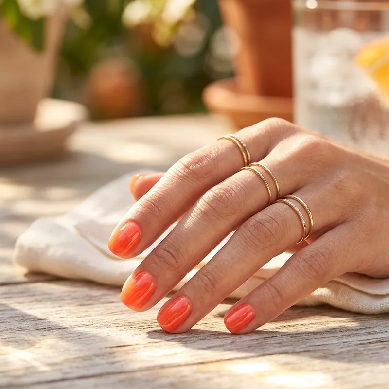 Elegant short rounded nails with a bright coral-orange ultra-glossy jelly finish and stacked gold rings in sun-drenched lighting.